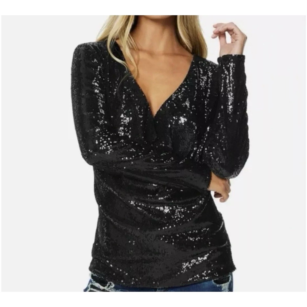 Ramy Brook Nicole Black Sequin Long Sleeve Cowl Neck Top Size Medium NWT